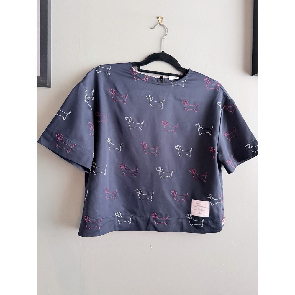 Thom Browne Hector Dachshund Embroidered Blouse Top Navy Made Japan Size 1 - Picture 2 of 12